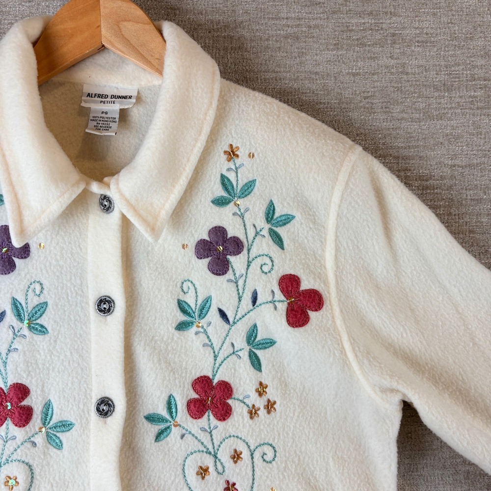 Vintage Alfred Dunner Fleece Jacket Womens PS Cream Floral Embroidered Cottage